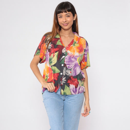 00s Caribbean Joe Silk Floral Button-Up Blouse Watercolor Print Extra Large