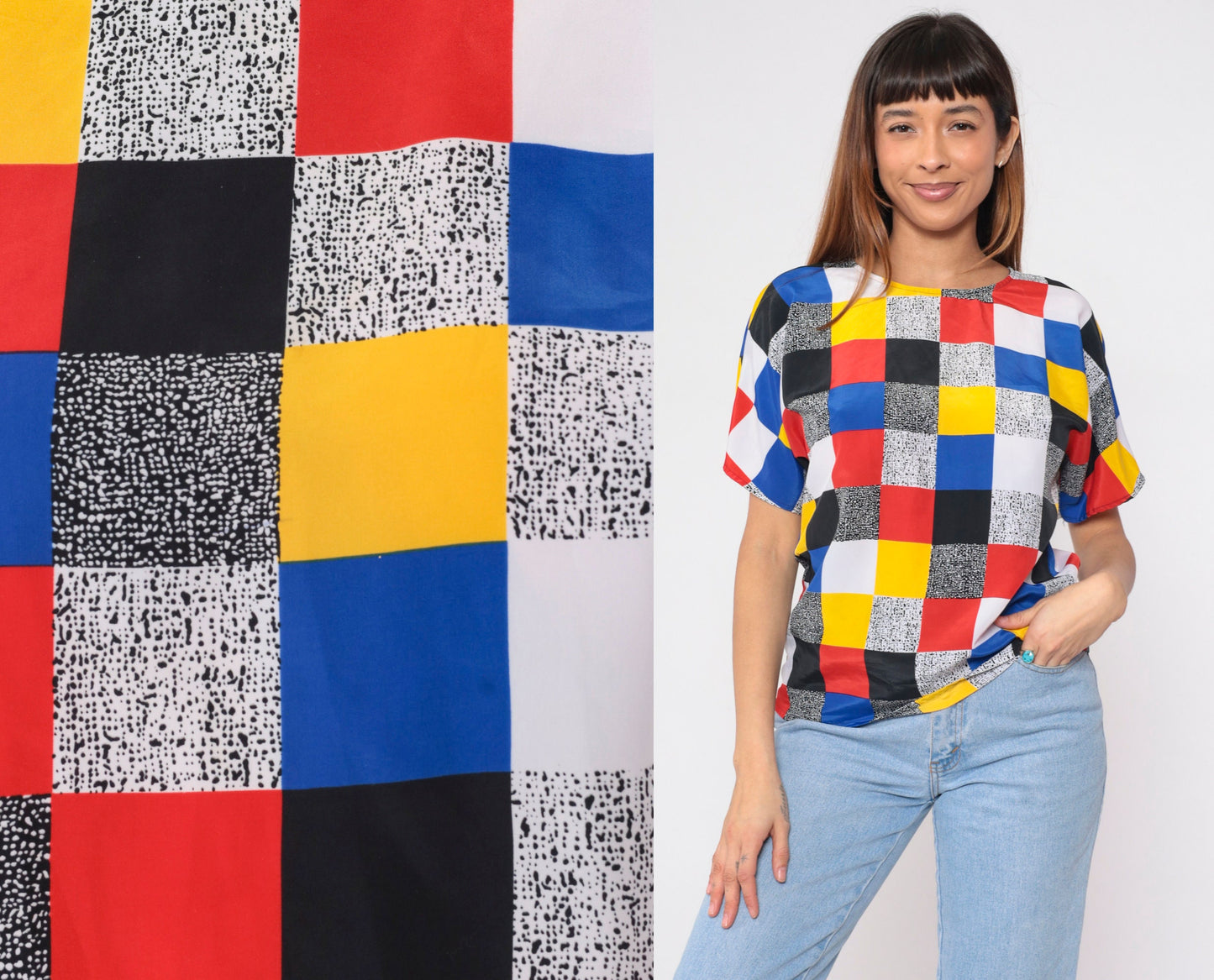 90s Color Block Blouse Primary Colours Black White Flecked Print Short Sleeve Small S