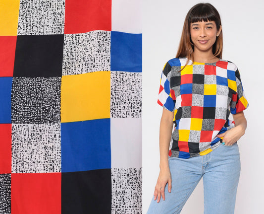 90s Color Block Blouse Primary Colours Black White Flecked Print Short Sleeve Small S