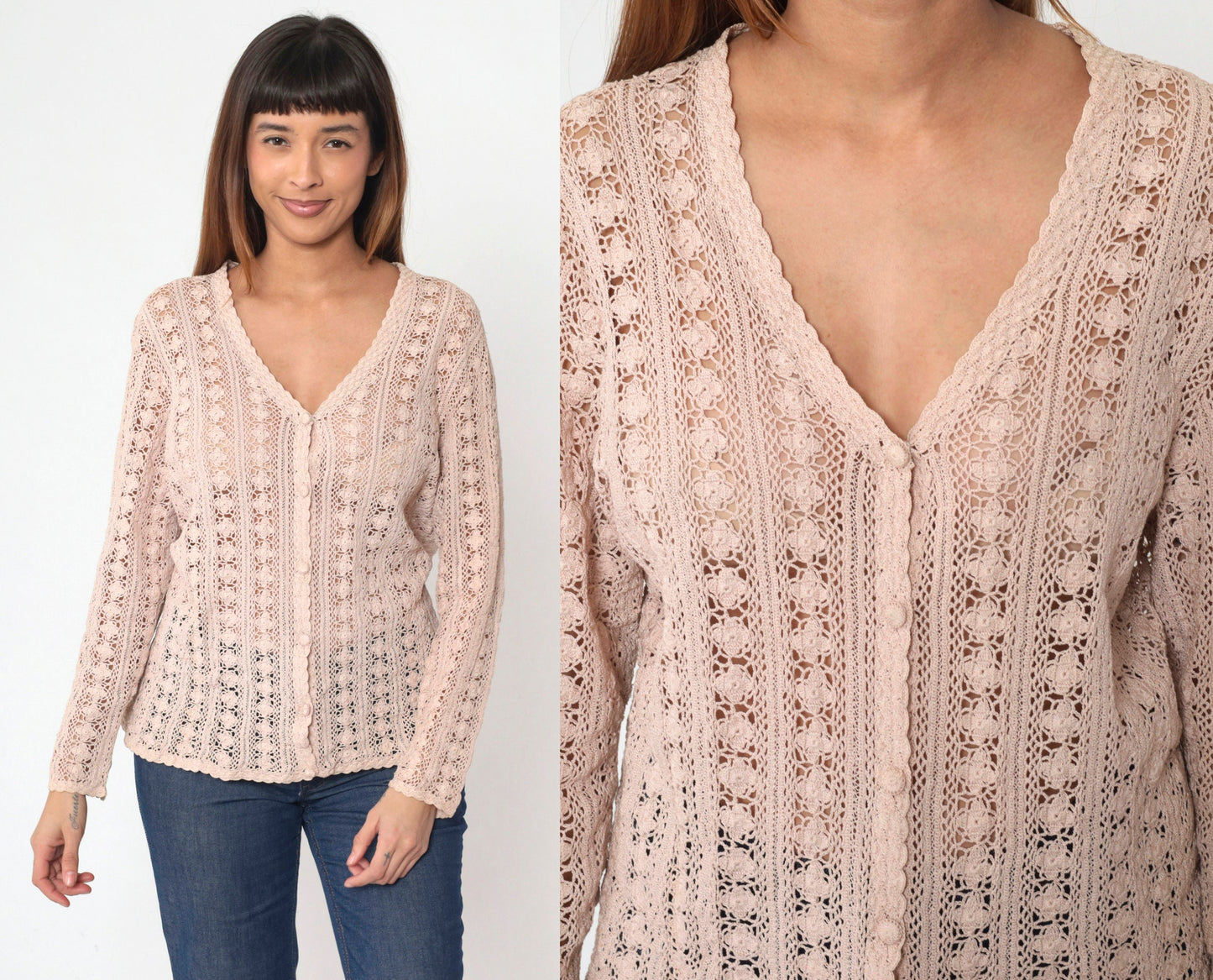 90s Blush Beige Crochet Cardigan Floral Cutout Cotton Knit Large