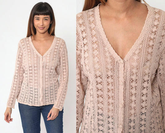 90s Blush Beige Crochet Cardigan Floral Cutout Cotton Knit Large