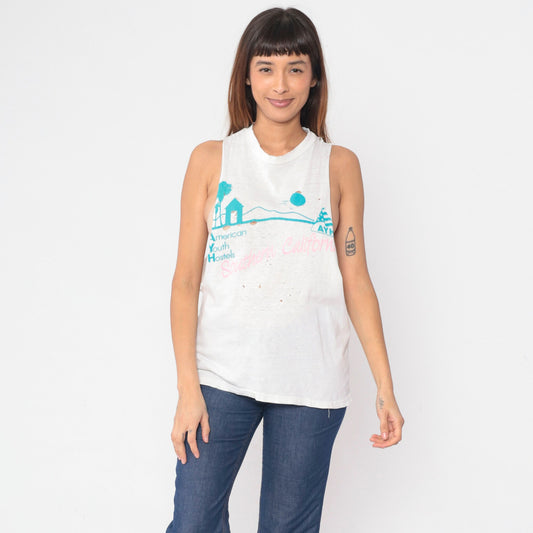 90s American Youth Hostels Tank Top California Palm Tree Graphic Distressed Medium