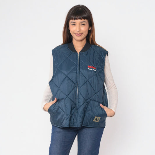 90s Berne Bosch Power Tools Quilted Puffer Vest Dark Blue Extra Large XXL