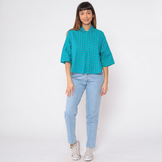 90s Geometric Floral Button-Up Blouse Turquoise Diamond Print Half Sleeve Large L