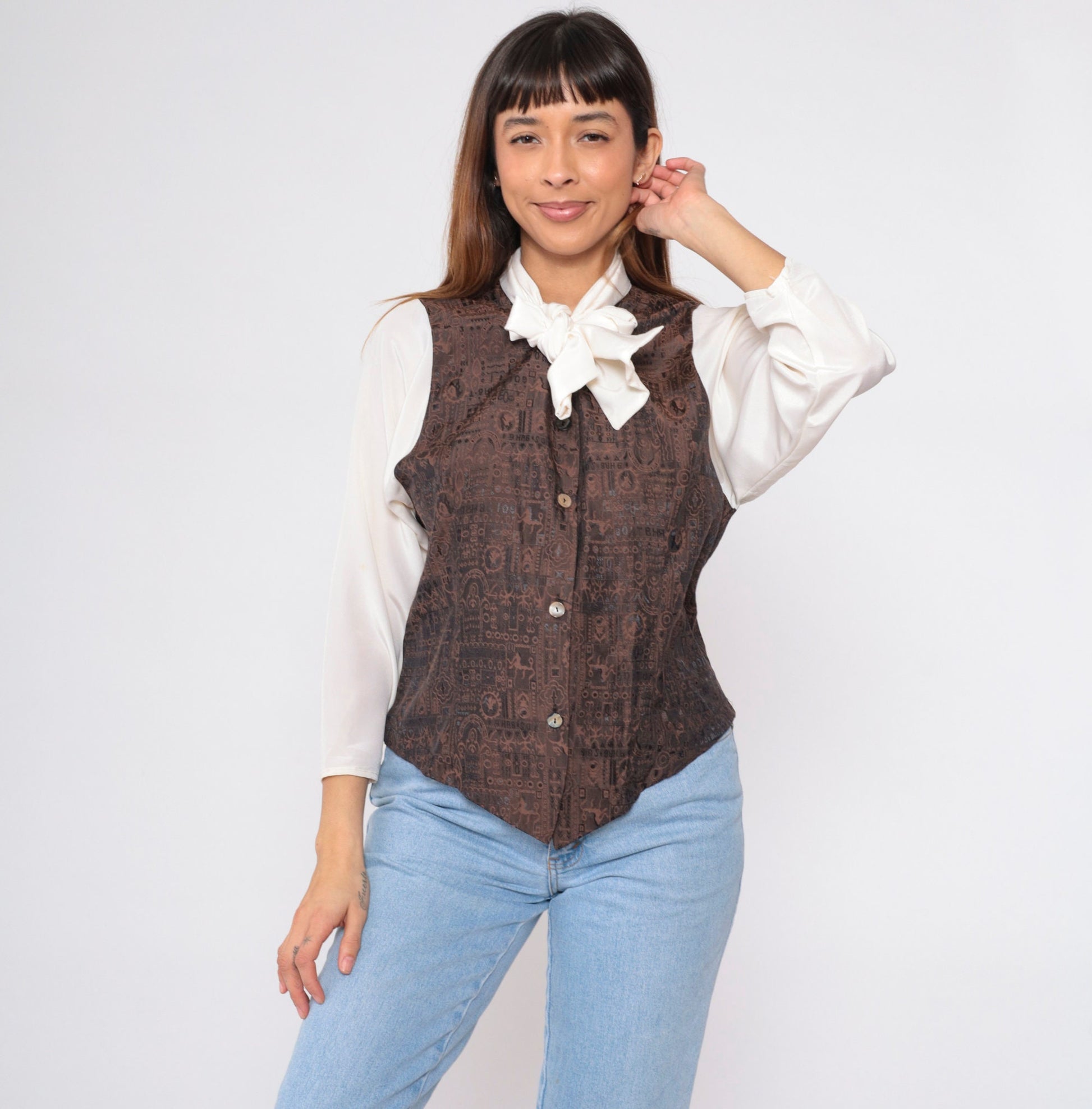 90s Off-White Button-Up Blouse with Attached Brown Vest and Necktie Medium