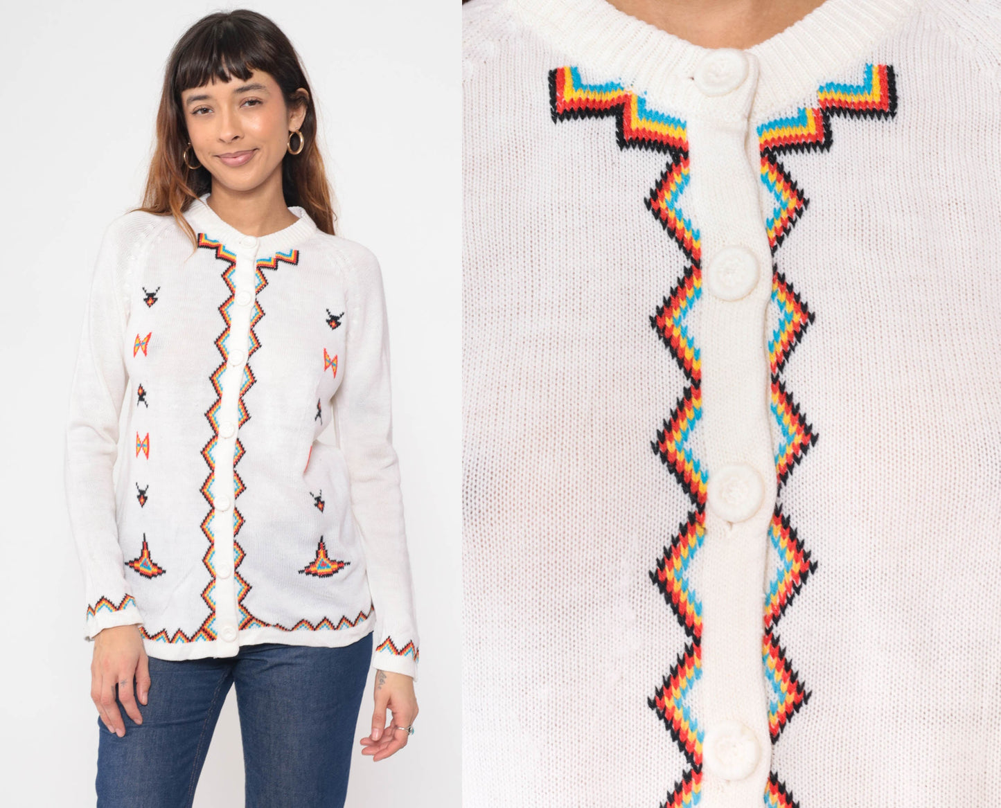 60s White Geometric Zig Zag Cardigan Raglan Sleeve Knit Small