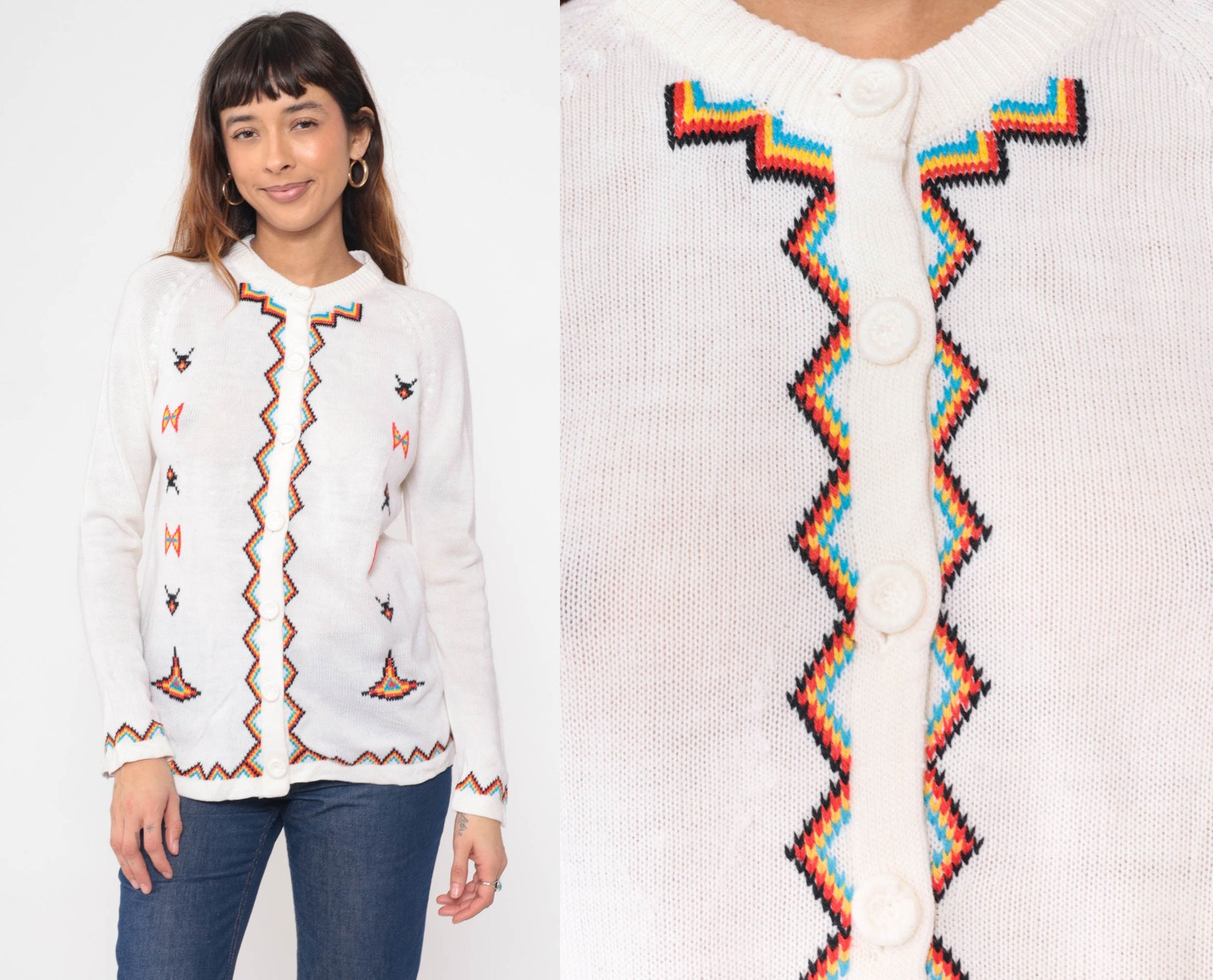 60s White Geometric Zig Zag Cardigan Raglan Sleeve Knit Small