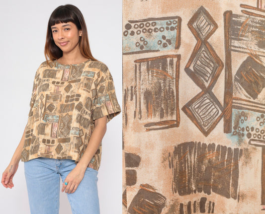 90s Sag Harbor Geometric Abstract Blouse Tan Short Sleeve Extra Large XXL