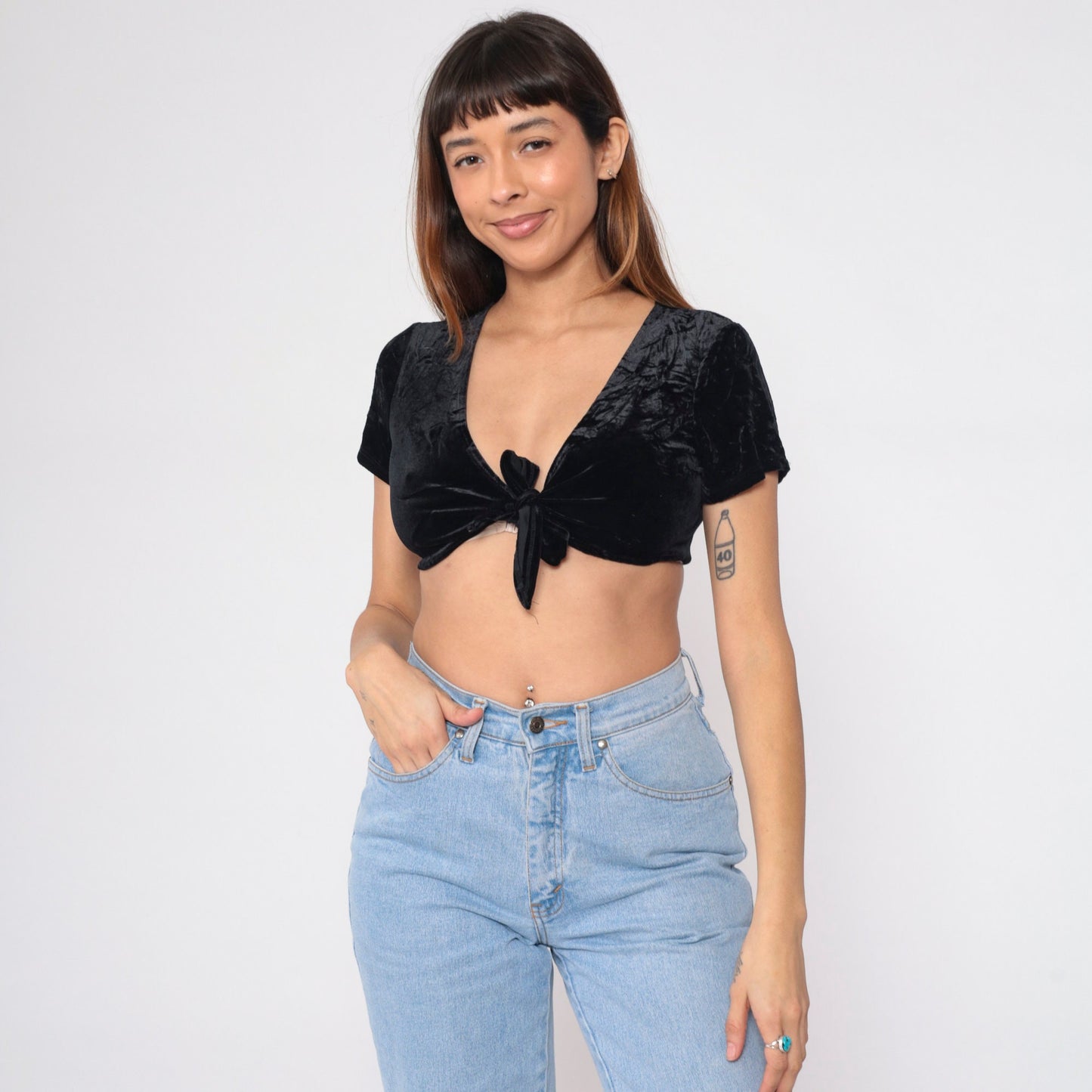 90s Black Velvet Crop Top Tie Front Short Sleeve Extra Small XS