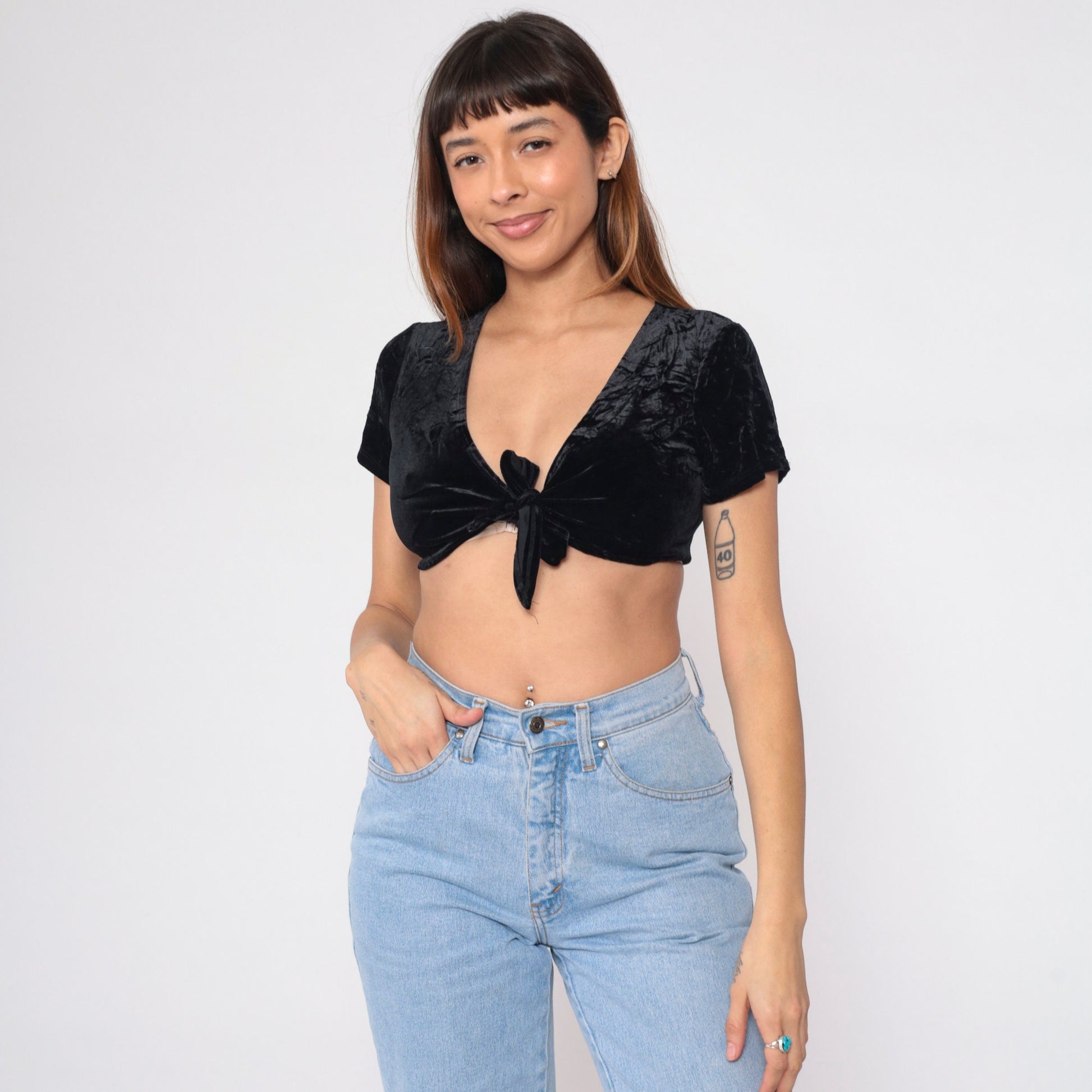 90s Black Velvet Crop Top Tie Front Short Sleeve Extra Small XS
