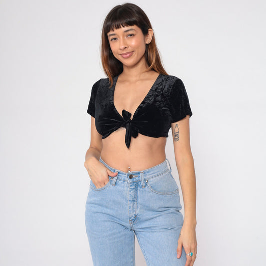 90s Black Velvet Crop Top Tie Front Short Sleeve Extra Small XS