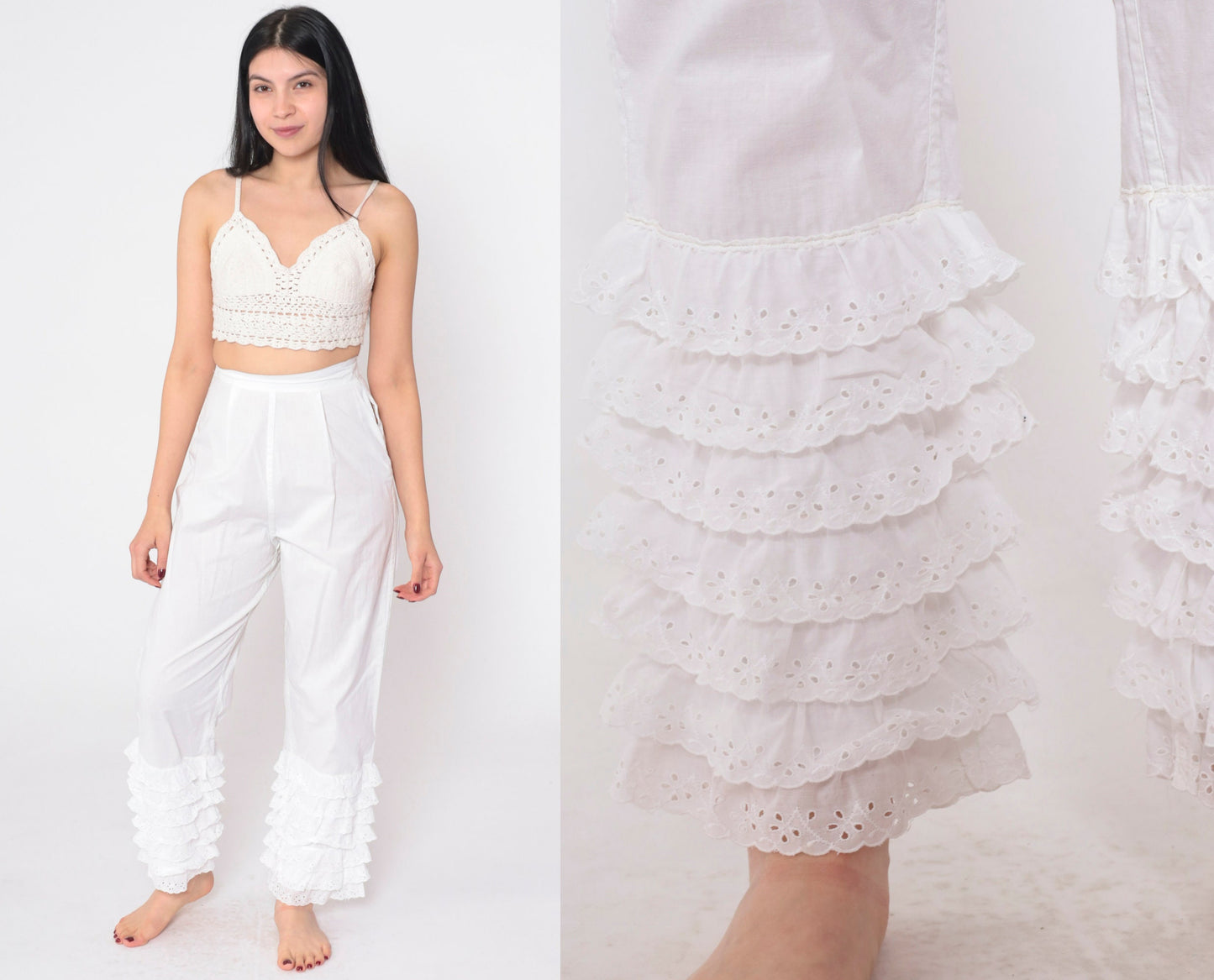 60s White Eyelet Ruffled Pantaloons High Waist Cotton Petti Pants Extra Small