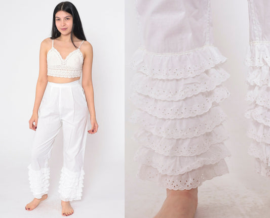 60s White Eyelet Ruffled Pantaloons High Waist Cotton Petti Pants Extra Small