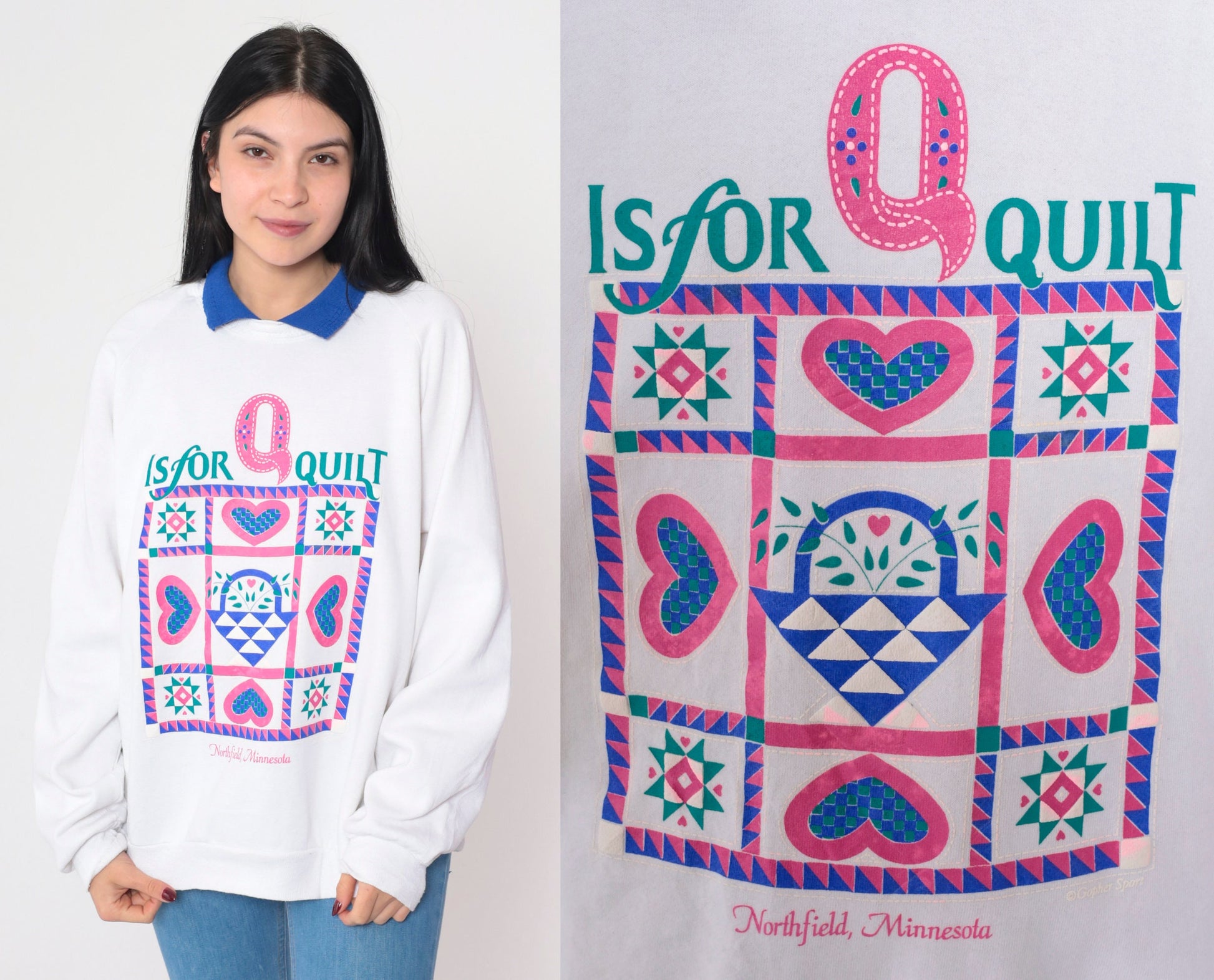 90s Q is for Quilt Northfield Minnesota Raglan Sweatshirt White Collared Extra Large XL