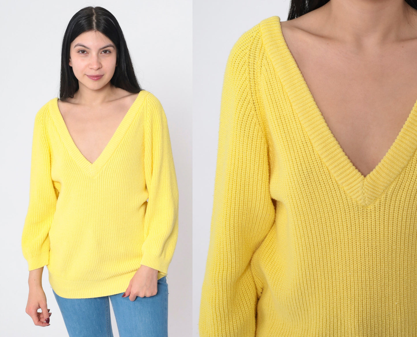 80s Yellow Cotton V-Neck Pullover Sweater Small S