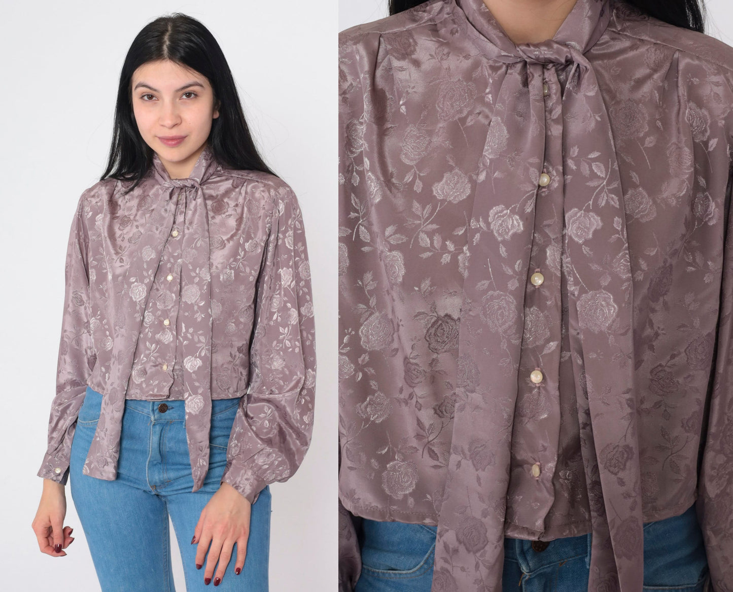 70s Purple Floral Ascot Blouse Embossed Button-Up Crop Top Long Sleeve Medium
