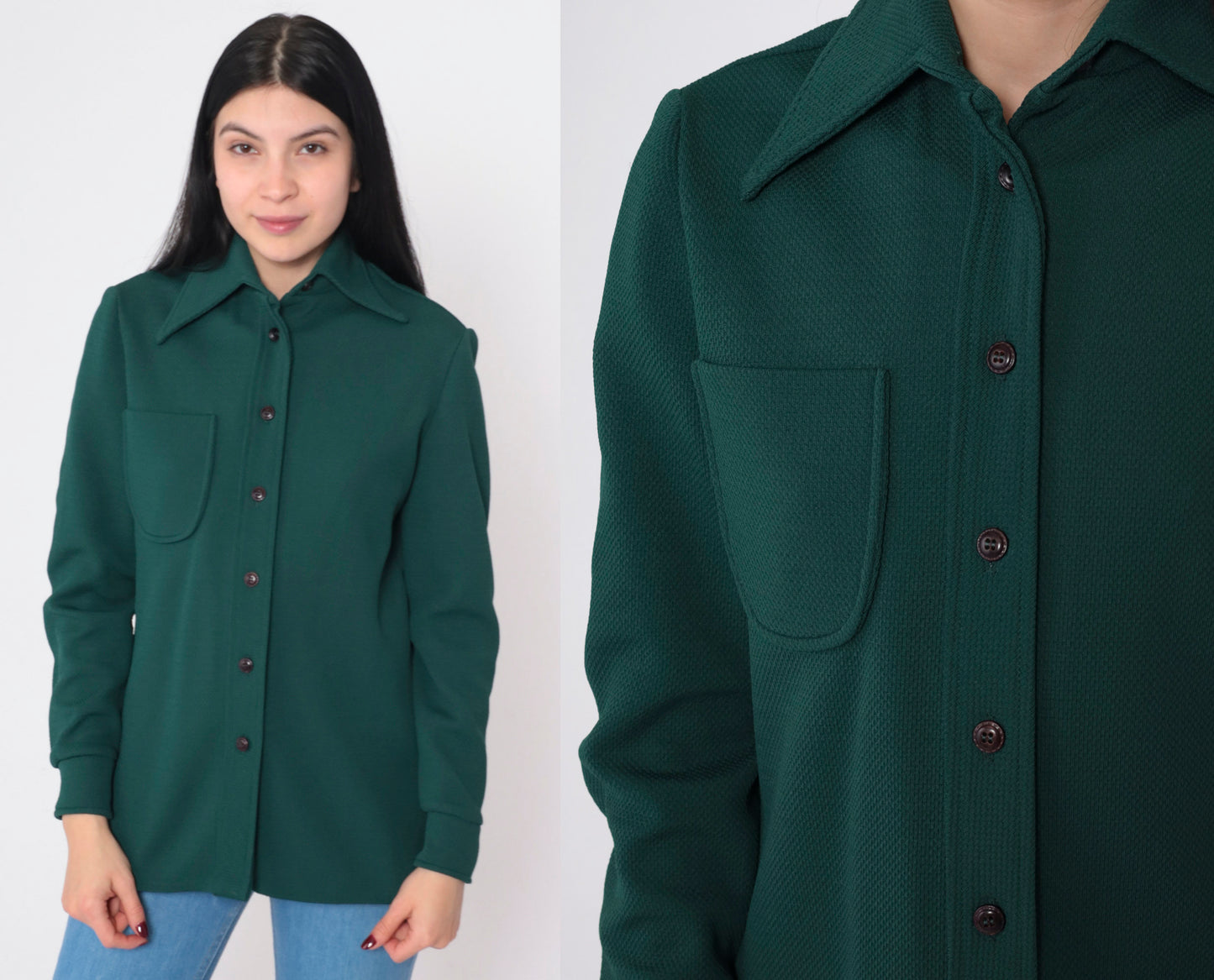 70s Forest Green Wing Collar Button-Up Blouse Long Sleeve Medium