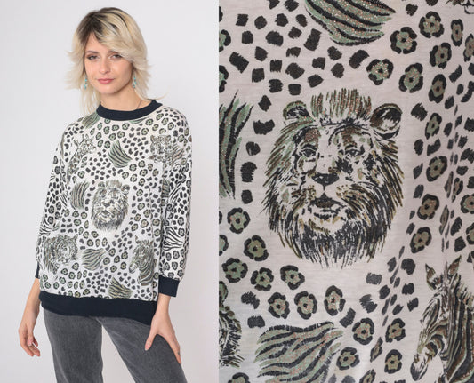 80s Glitter Jungle Animal Print Blouse Lion Tiger Zebra Leopard Medium