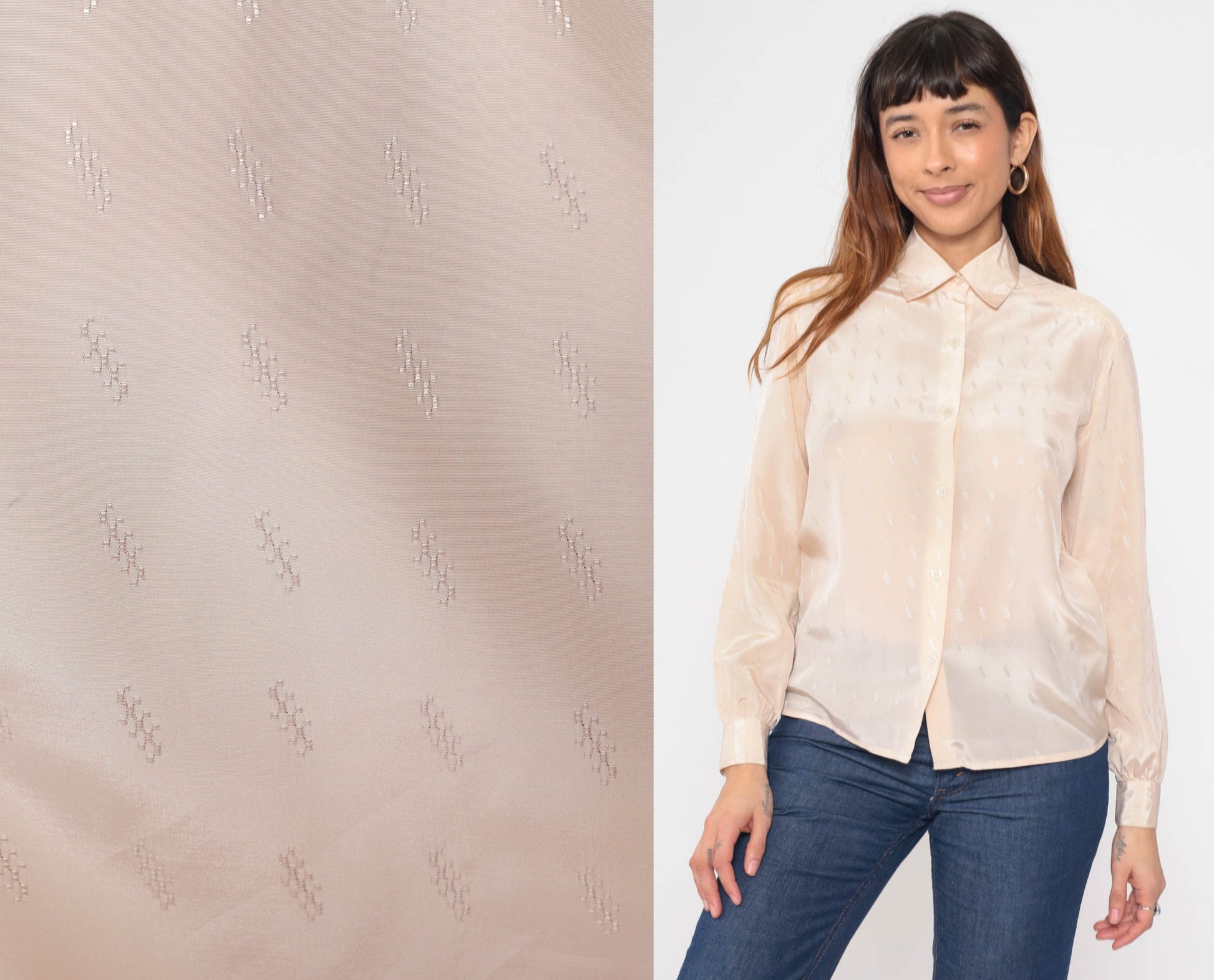 80s Cream Embossed Geometric Button-Up Blouse Long Sleeve Collared Shirt Small