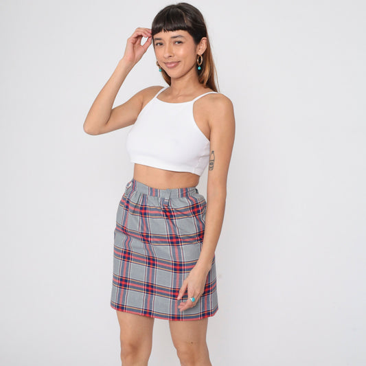 70s Grey Plaid Mini Skirt High Waist Straight Tartan Small