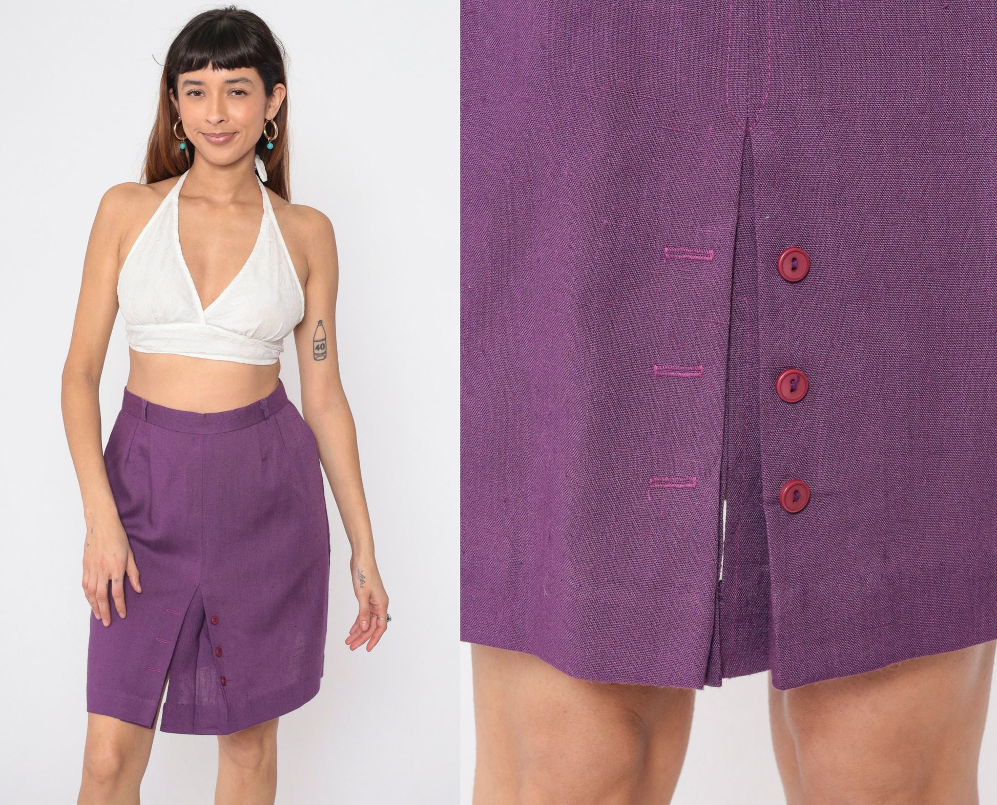 80s Purple Pencil Skirt High Waist Pleated Button Front Mini Medium