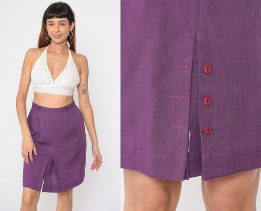 80s Purple Pencil Skirt High Waist Pleated Button Front Mini Medium