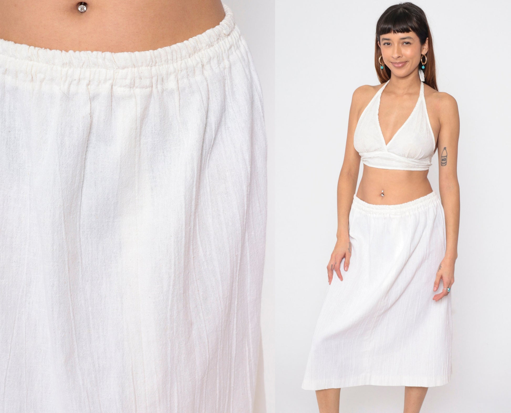 90s White Gauze Midi Skirt High Elastic Waist Crinkled Medium Large