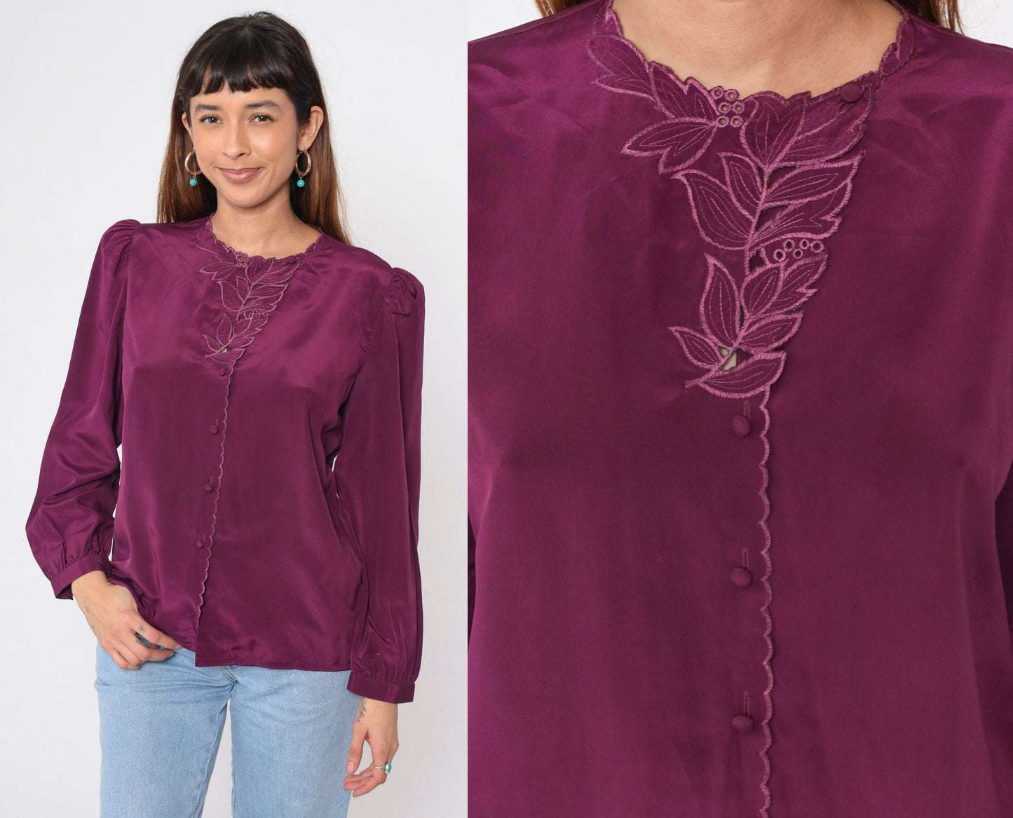 80s Purple Satin Blouse Puff Sleeve Embroidered Cutwork Button-Up Large