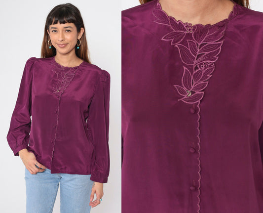 80s Purple Satin Blouse Puff Sleeve Embroidered Cutwork Button-Up Large