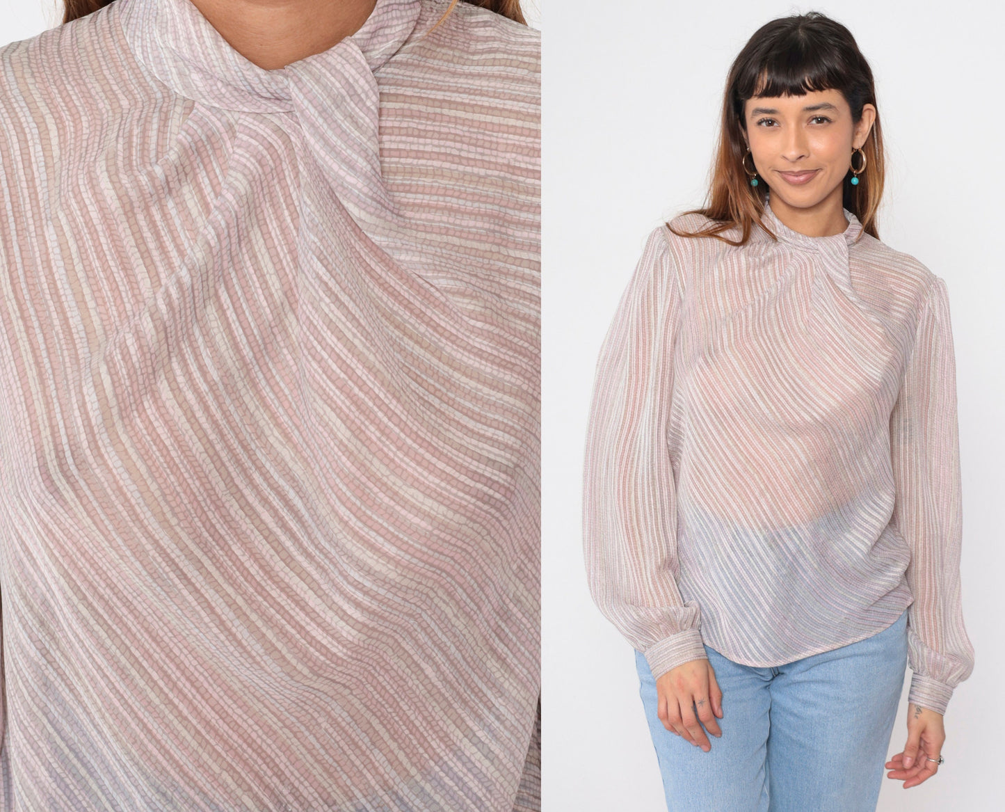80s Sheer Striped Cowl Neck Blouse Puff Sleeve Button Back Grey Pink Medium