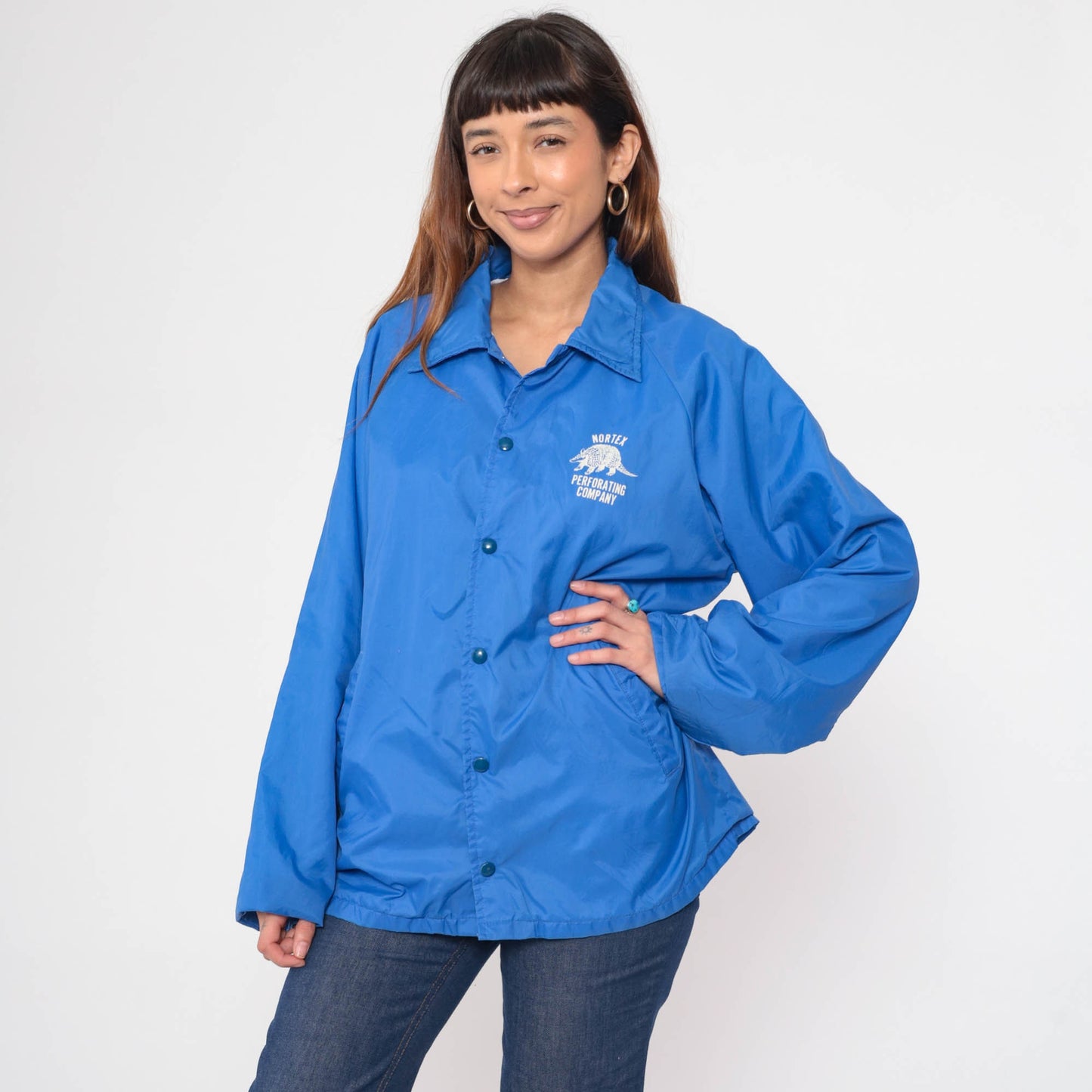 80s Nortex Perforating Company Armadillo Snap Windbreaker Blue Jacket Men's Large