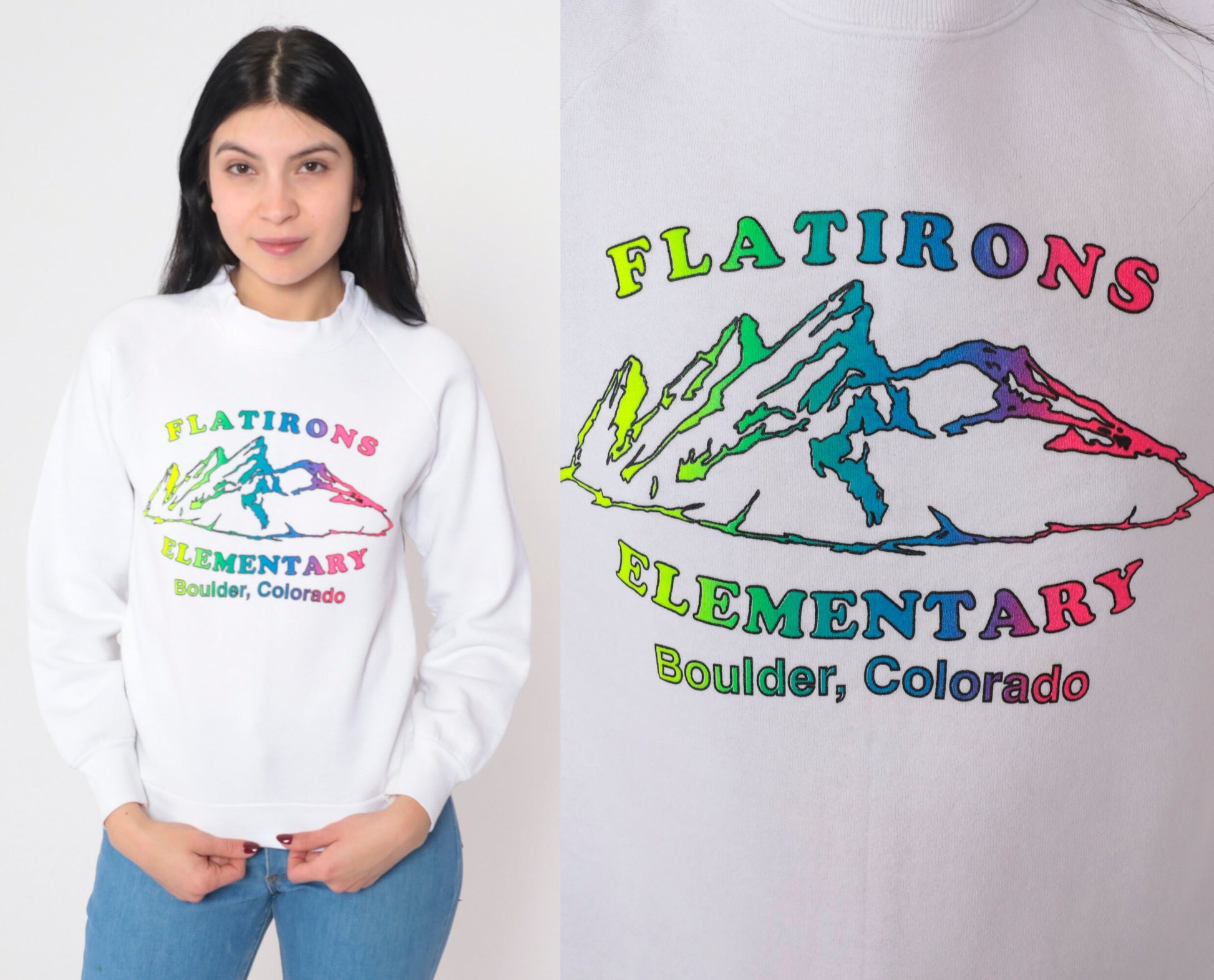 90s Flatirons Elementary Boulder Colorado Raglan Sweatshirt White Graphic Extra Small