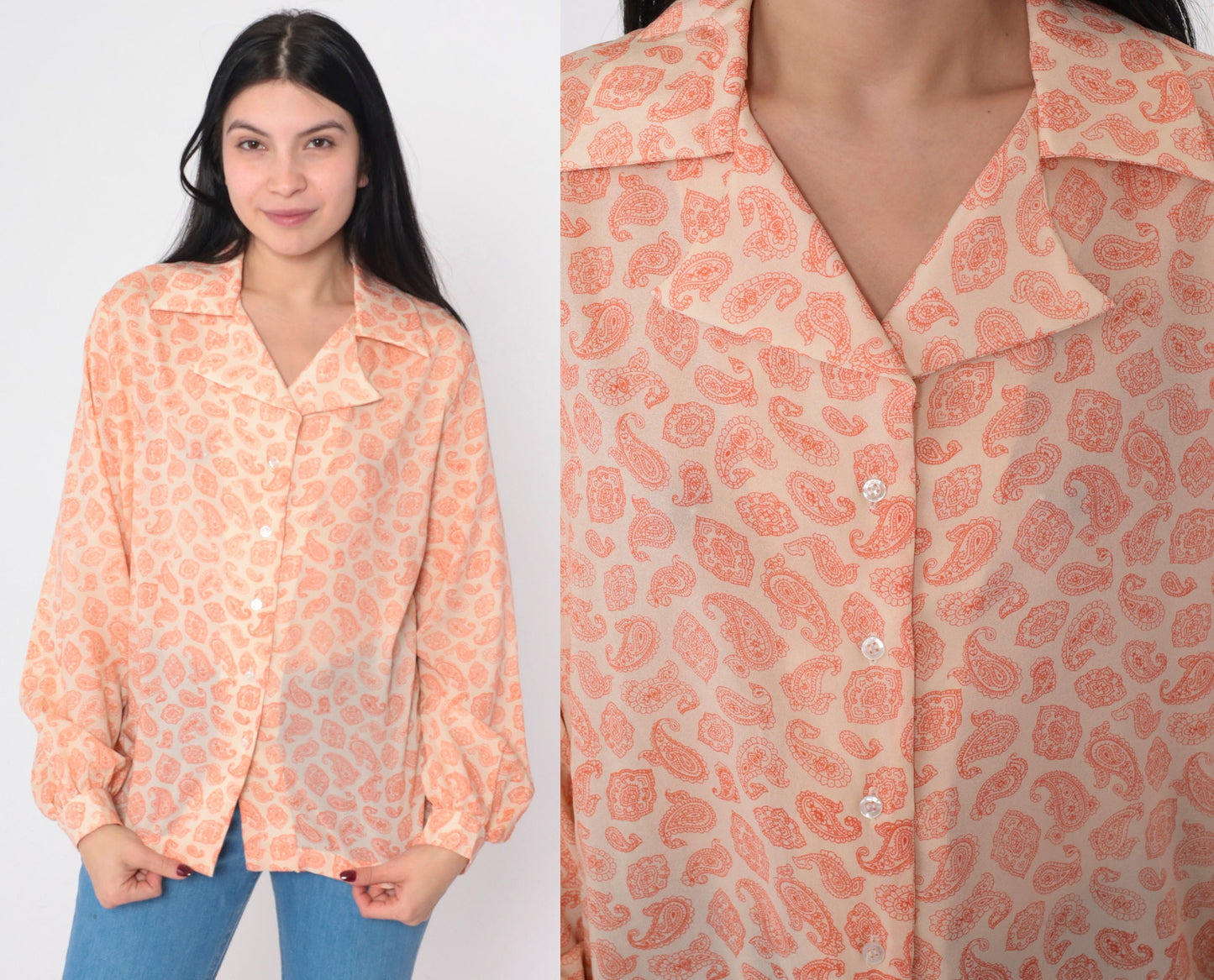 70s Paisley Button-Up Blouse Long Sleeve Notched Collar Disco Print Large L
