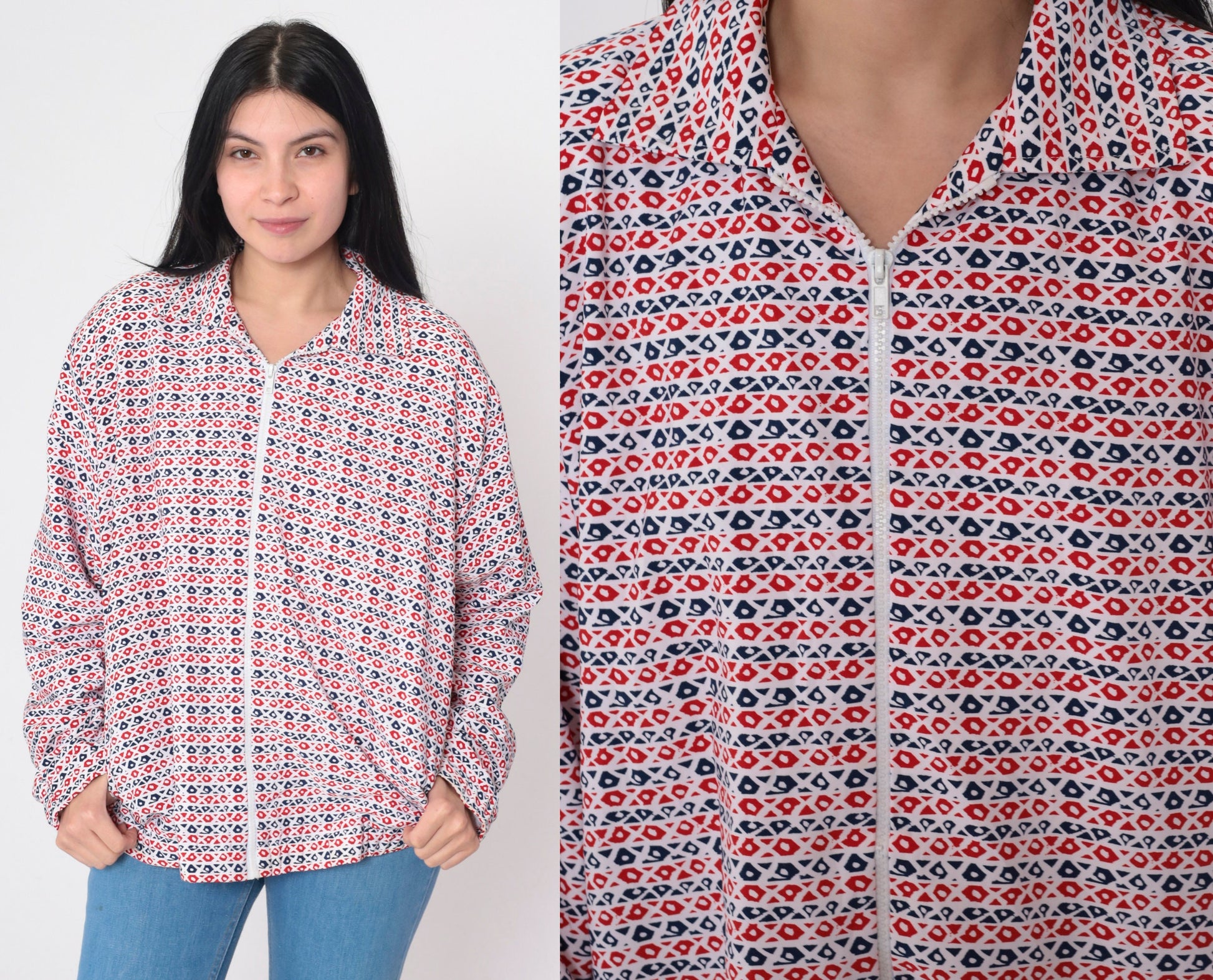90s Bomber Jacket Red White Blue Abstract Print Zip Up Windbreaker Large L