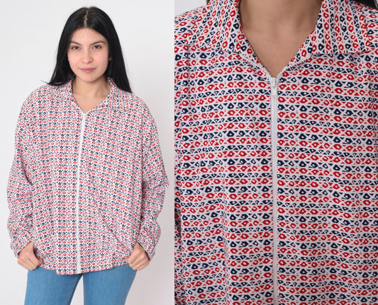 90s Bomber Jacket Red White Blue Abstract Print Zip Up Windbreaker Large L