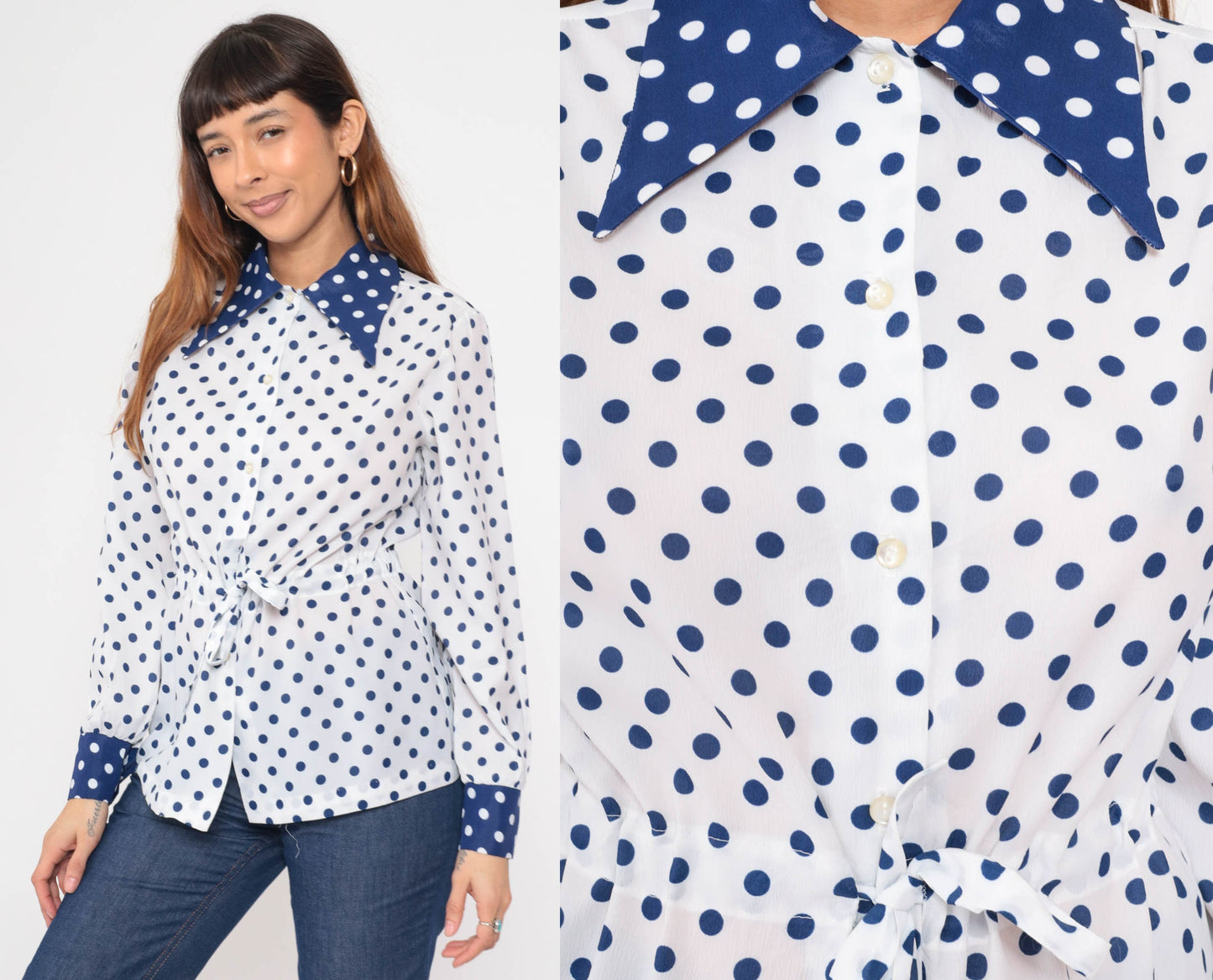 70s Polka Dot Button Up Blouse White Blue Dagger Collar Long Sleeve Medium