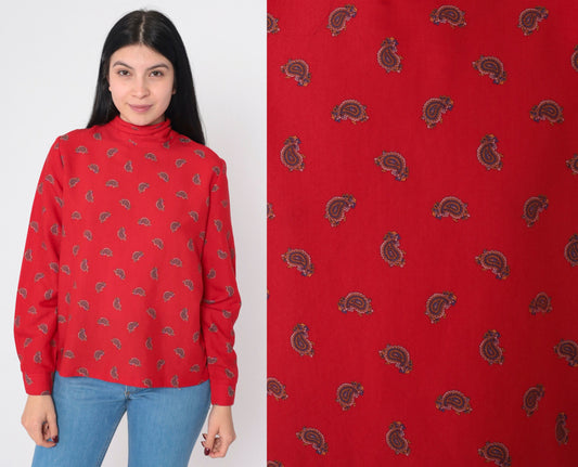 80s Red Paisley Mock Neck Blouse Back Bow Tie Long Sleeve Medium