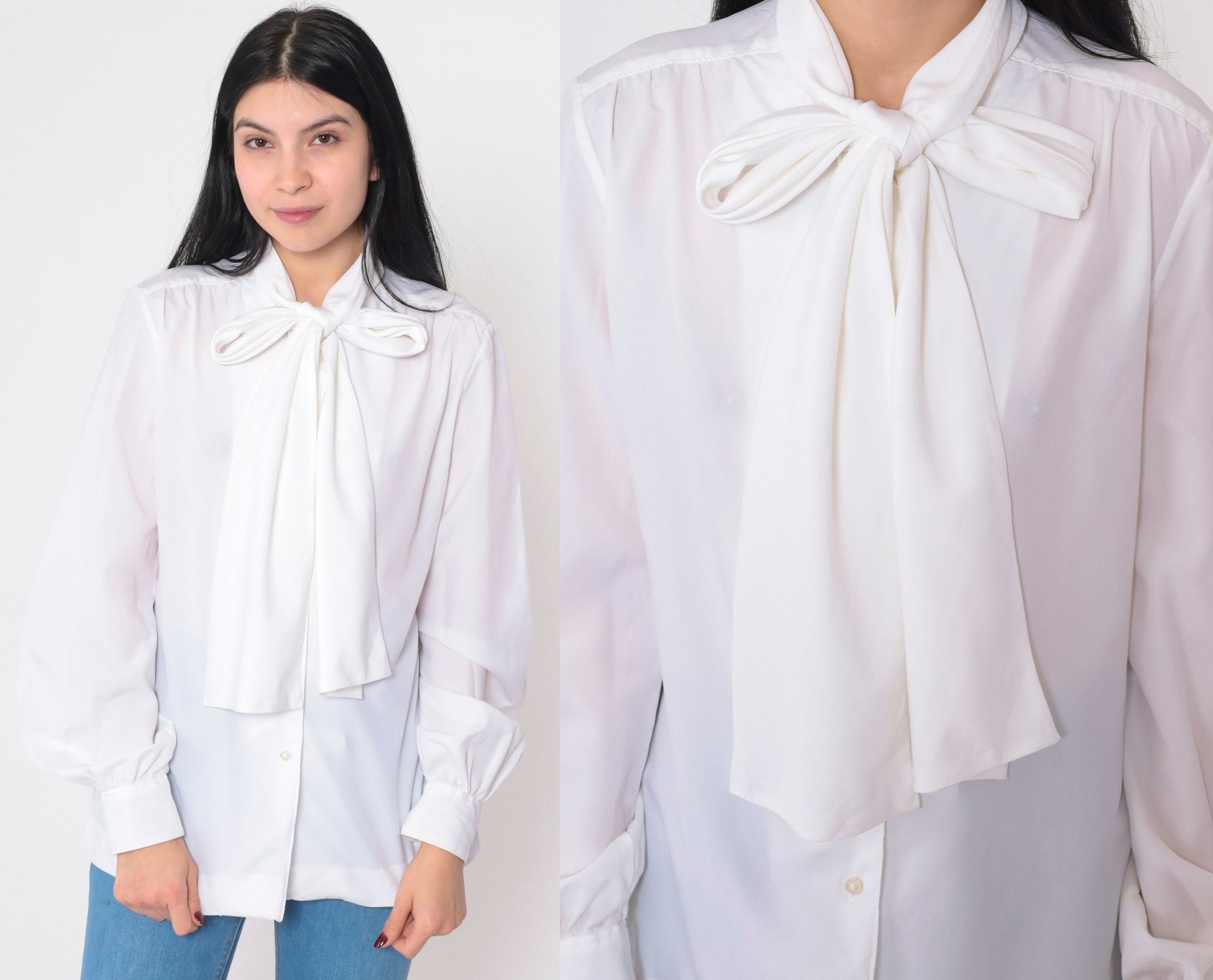 80s Evan Picone White Button-Up Blouse Attached Necktie Long Sleeve Large