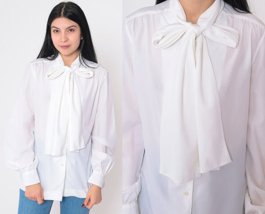 80s Evan Picone White Button-Up Blouse Attached Necktie Long Sleeve Large