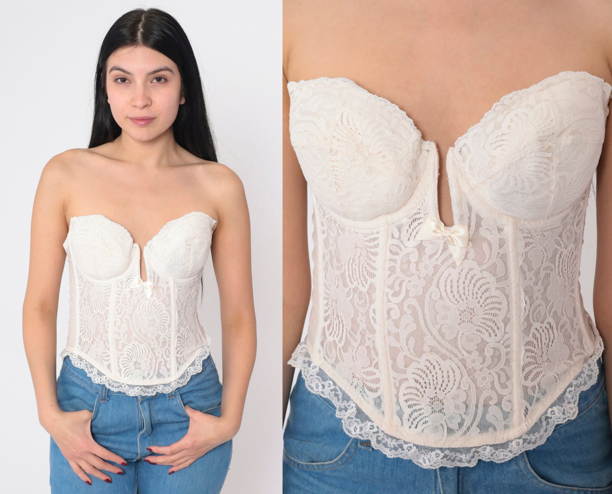 90s White Floral Lace Bustier Bra Strapless Underwire Sweetheart Neckline 36B