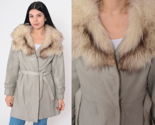 70s Light Grey Leather Jacket Faux Fur Collar Zip Belt Small