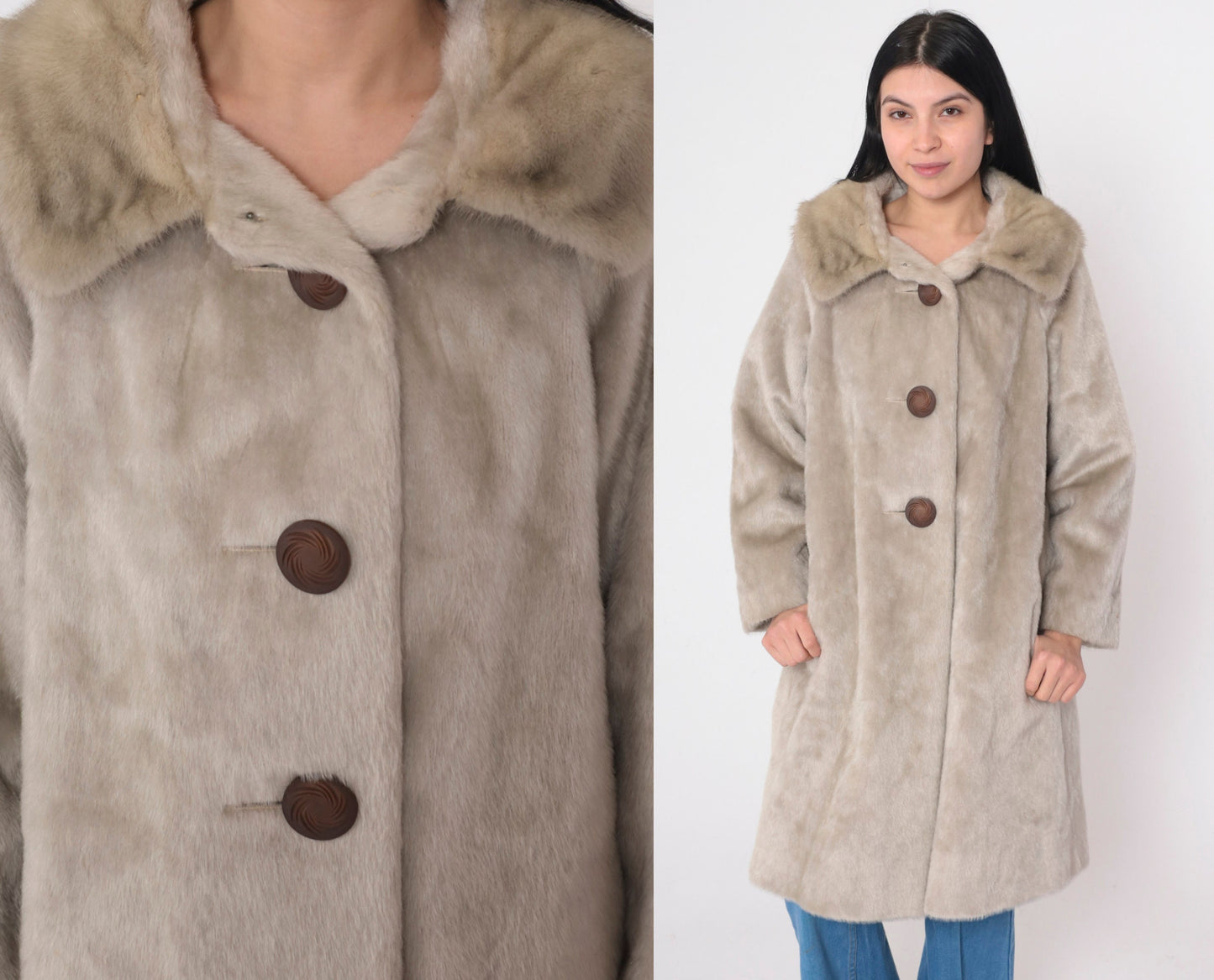 60s Tan Faux Fur Coat Real Fur Collar Button Front Medium