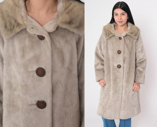 60s Tan Faux Fur Coat Real Fur Collar Button Front Medium