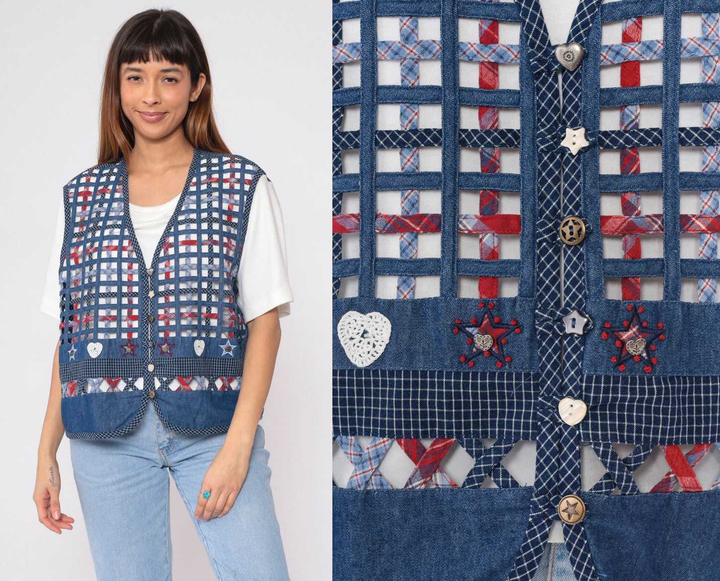 90s Koret City Blues Checkered Vest Blouse White Cotton Button Up Extra Large XXL