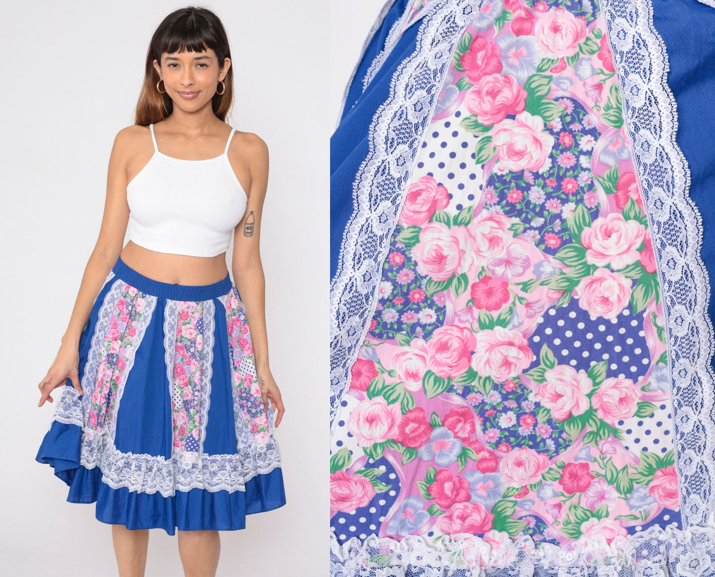 80s Blue Floral Prairie Skirt High Waist Tiered Lace Trim Mini Small