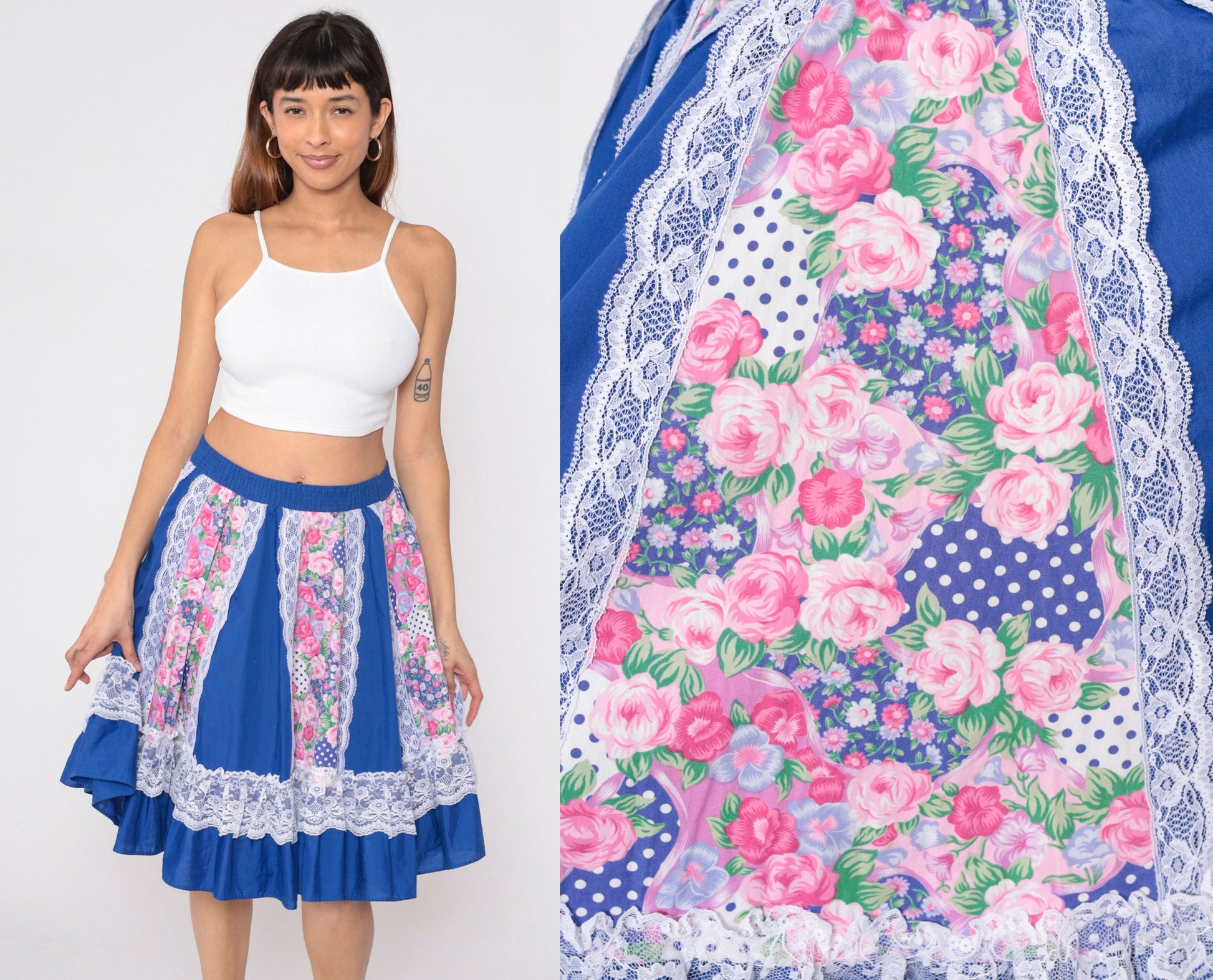 80s Blue Floral Prairie Skirt High Waist Tiered Lace Trim Mini Small