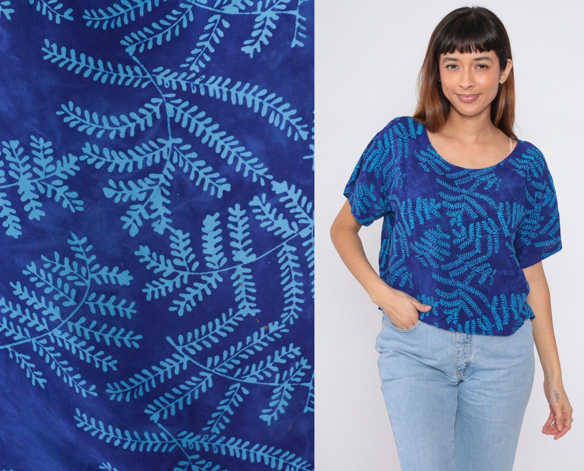 90s Global Village Tropical Leaf Scoop Neck Blouse Blue Short Sleeve Small