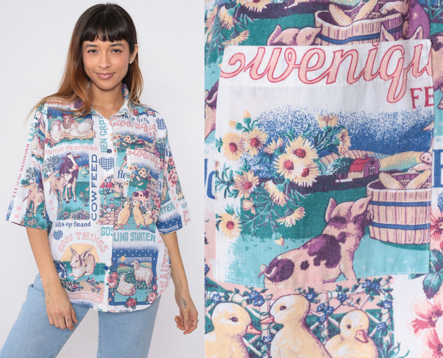 90s Farm Animal Print Button Up Blouse Cow Duck Bunny Chicken Sheep Medium