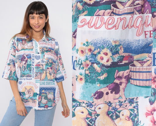 90s Farm Animal Print Button Up Blouse Cow Duck Bunny Chicken Sheep Medium