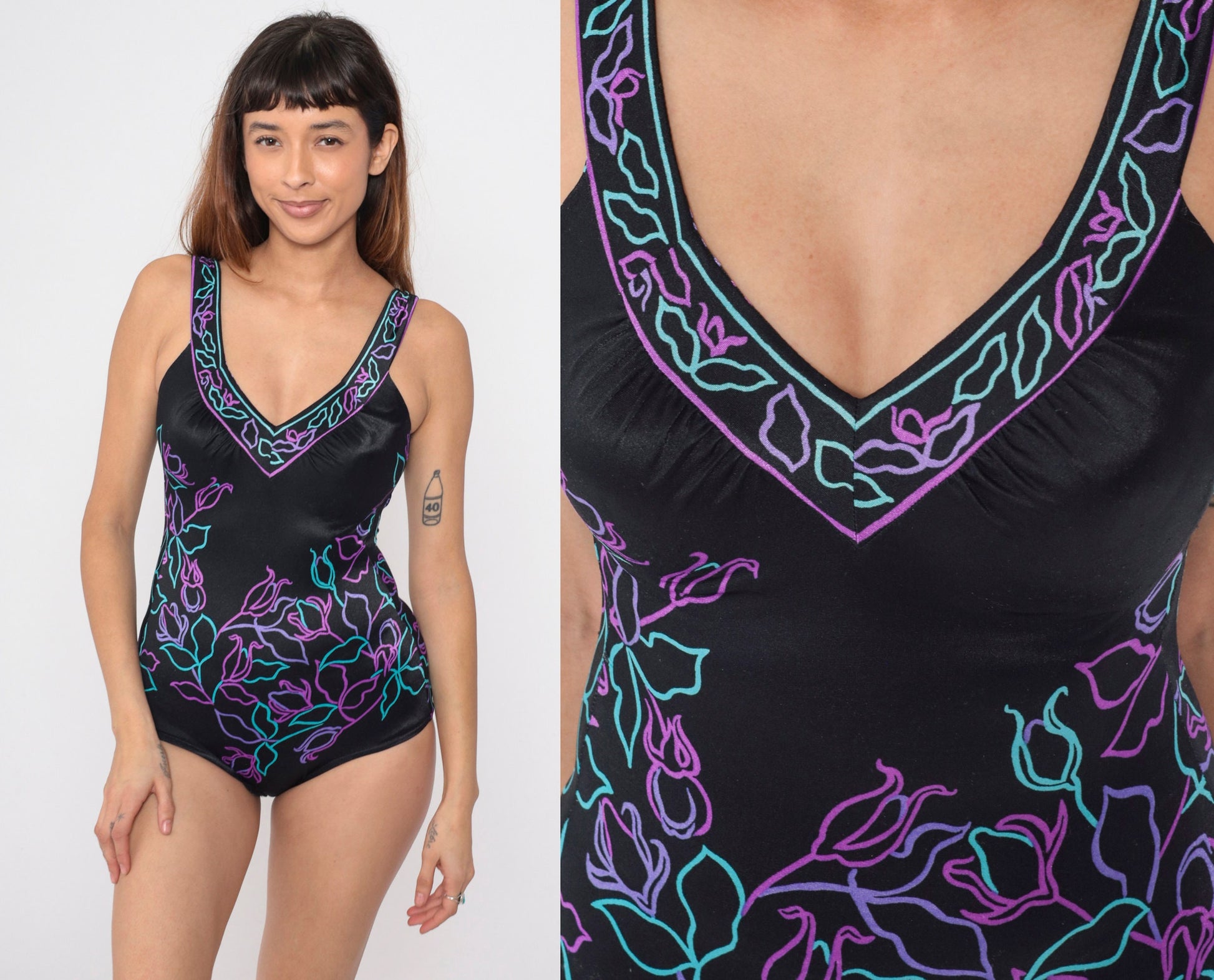80s Black Floral One-Piece Swimsuit V-Neck Boyleg Medium